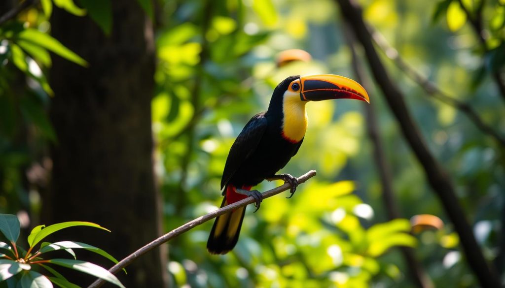A colorful Tucano bird perched gracefully on a lush, verdant branch in the tranquil forests of Bonito, Brazil. The vibrant plumage of the Tucano, with its distinct yellow, black, and red hues, stands out against the soft, dappled sunlight filtering through the canopy. The bird's sharp beak and alert gaze convey its natural beauty and the unique ecosystem it inhabits. In the background, a blur of verdant foliage and the distant silhouettes of other Tucanos create a serene, enchanting atmosphere that captures the essence of this remarkable avian species in its natural Bonito habitat.