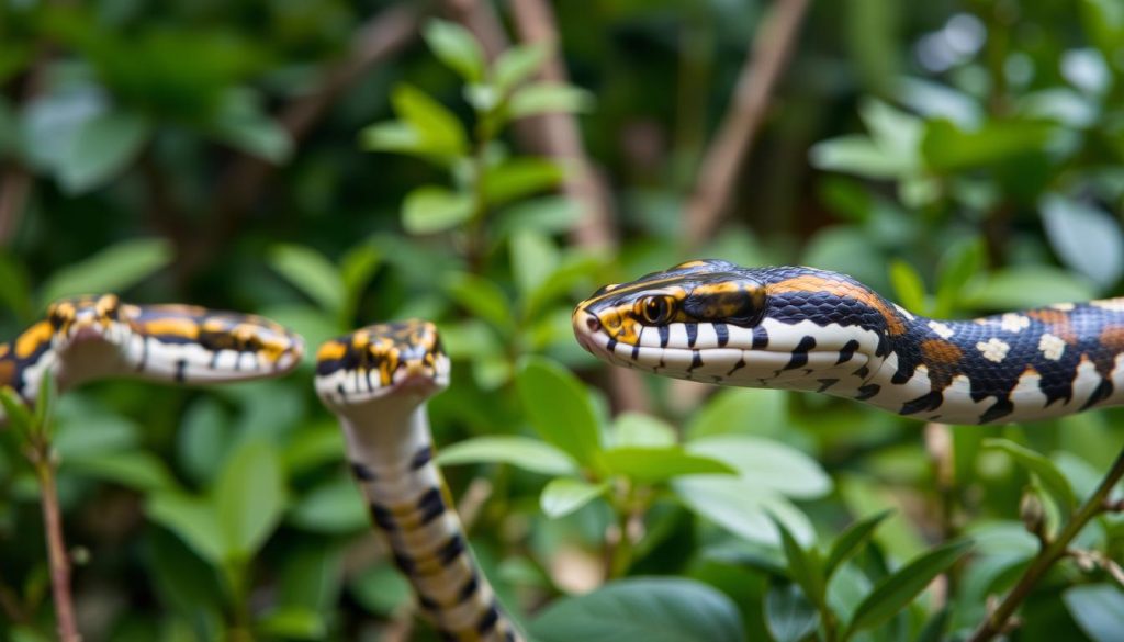 A detailed, close-up view of three venomous snakes found in the Bonito region of Brazil. The snakes are displayed prominently in the foreground, showcasing their distinct patterns and features. The middle ground features lush, verdant foliage typical of the local environment, creating a sense of the snakes' natural habitat. The background is subtly blurred, maintaining the focus on the reptilian subjects. The lighting is soft and natural, highlighting the snakes' vibrant colors and textures. The composition is balanced and visually striking, capturing the essence of the "Principais espécies de serpentes encontradas em Bonito" section.