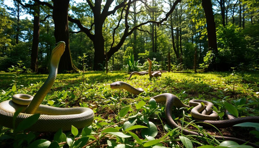 A tranquil forest glade in the heart of Bonito, MS, where a small gathering of snakes bask in the warm, dappled sunlight. In the foreground, a coiled green snake raises its head, its scales shimmering. In the middle ground, several other serpents of varying species and sizes move about cautiously, exploring the lush undergrowth. The background features towering trees, their branches filtering the light and casting long shadows across the scene. The atmosphere is one of peaceful coexistence, conveying the idea that snakes are a natural and integral part of the local ecosystem.